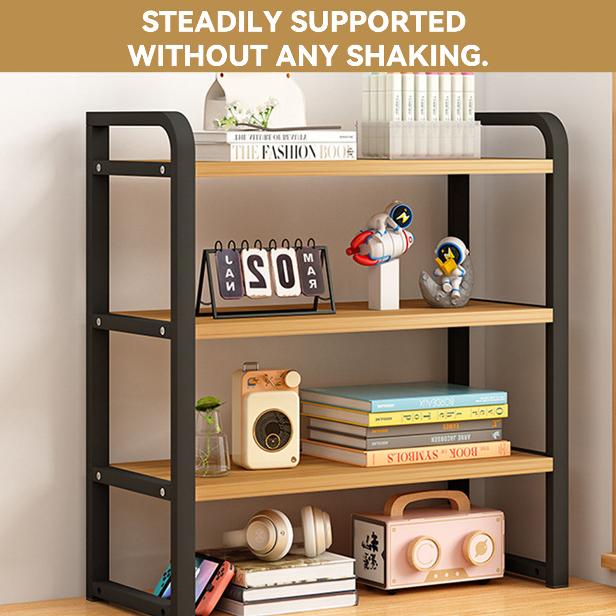 3-Tier Desktop Storage Rack Steel Frame for Books