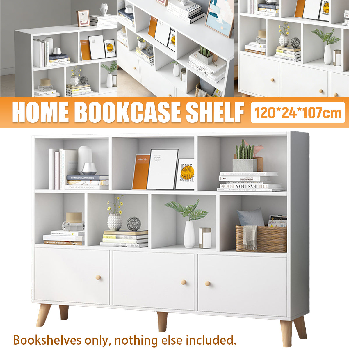 White Bookcase Storage Cabinet with Doors and Legs