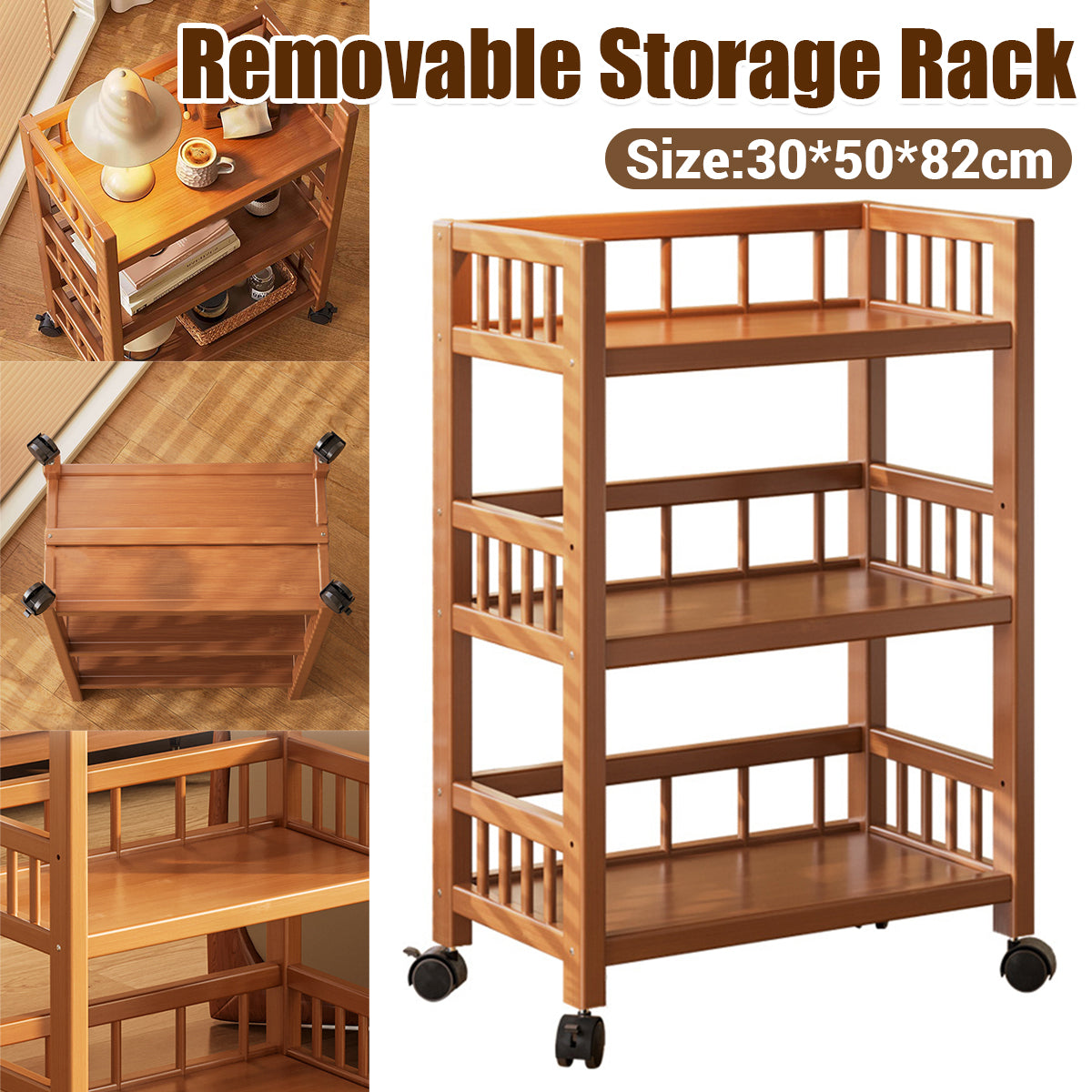3 Tier Bamboo Movable Storage Rack with Wheels