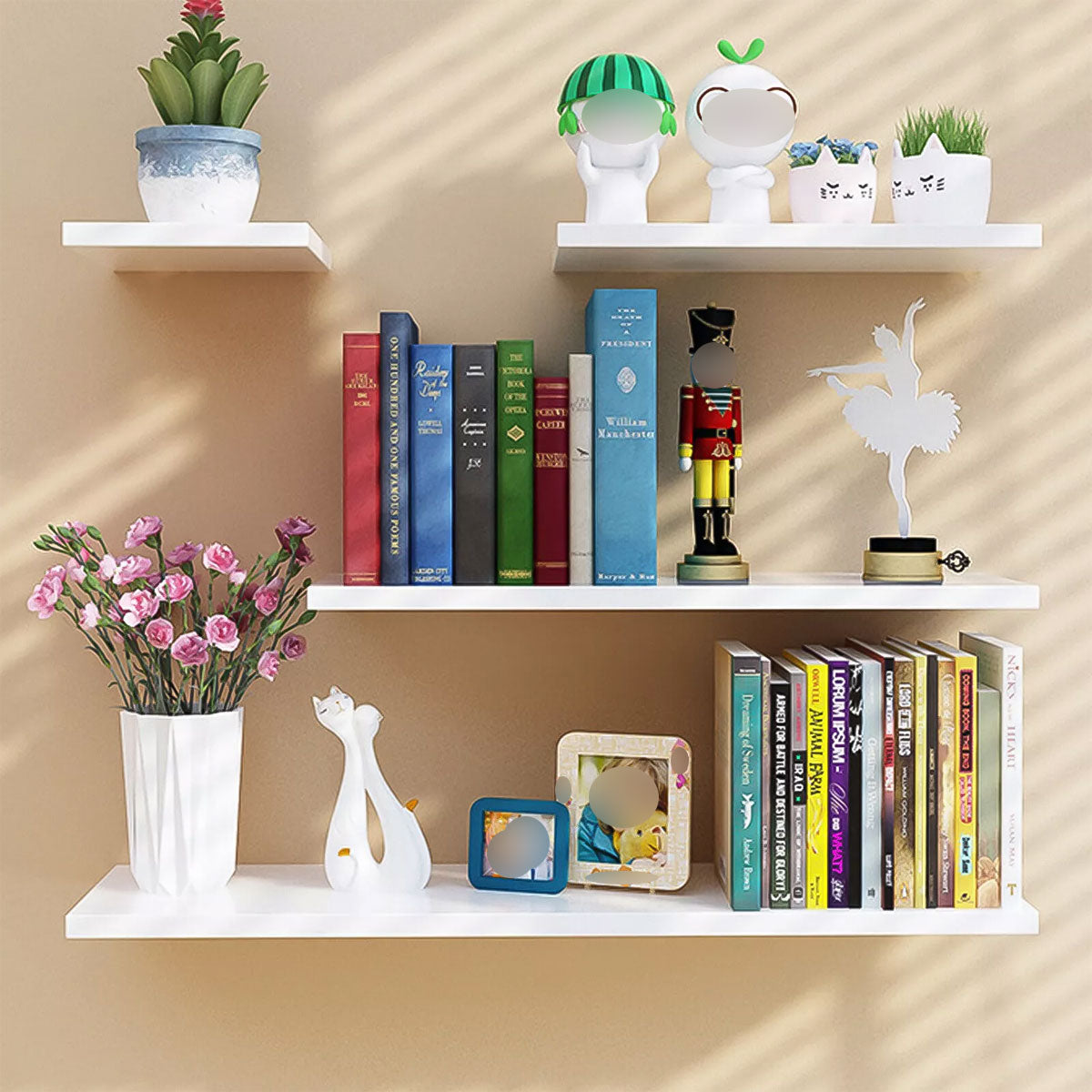 4 Pcs Wooden Floating Wall Shelves White Decorative Set