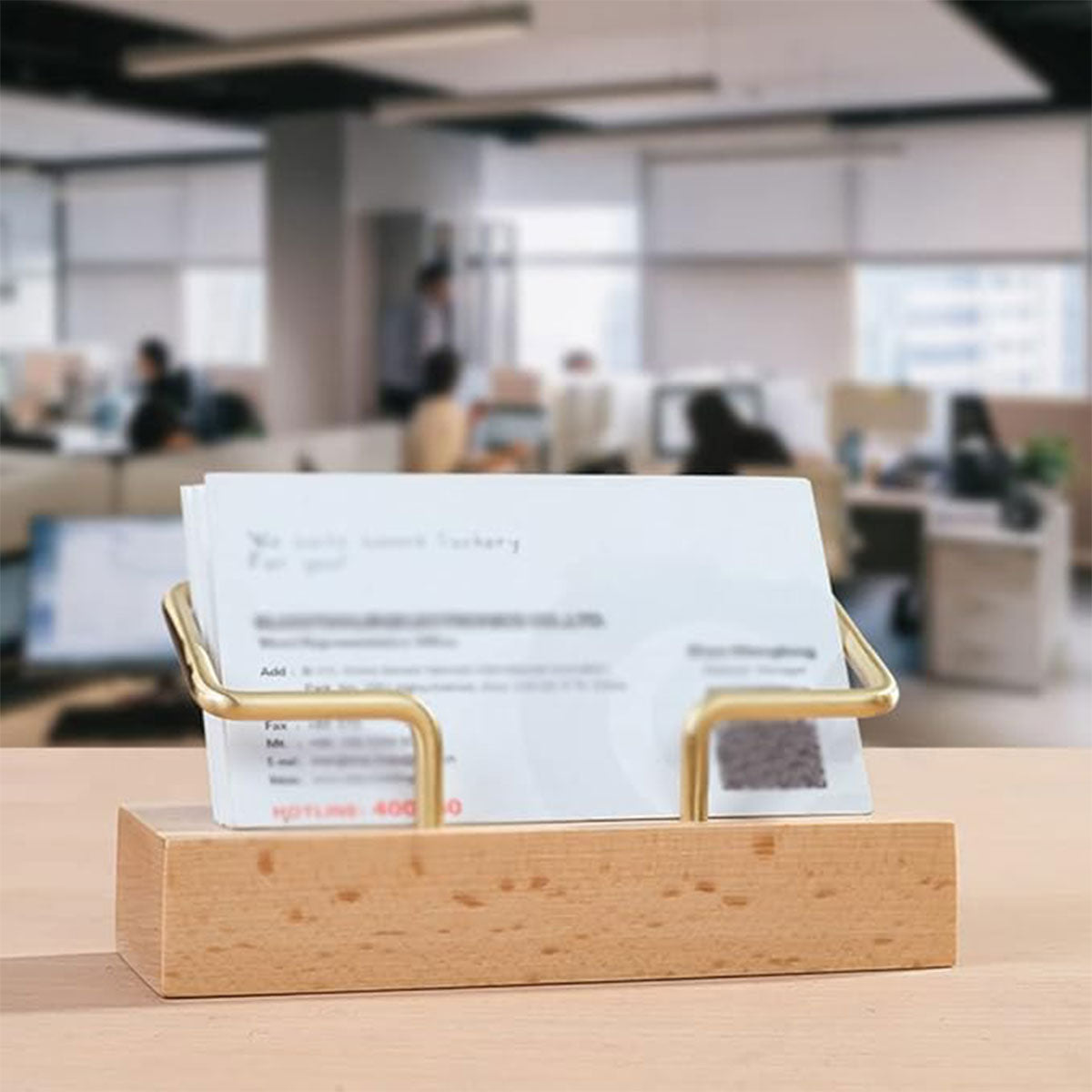Wood Business Card Holder with Metal Frame Desk Organizer