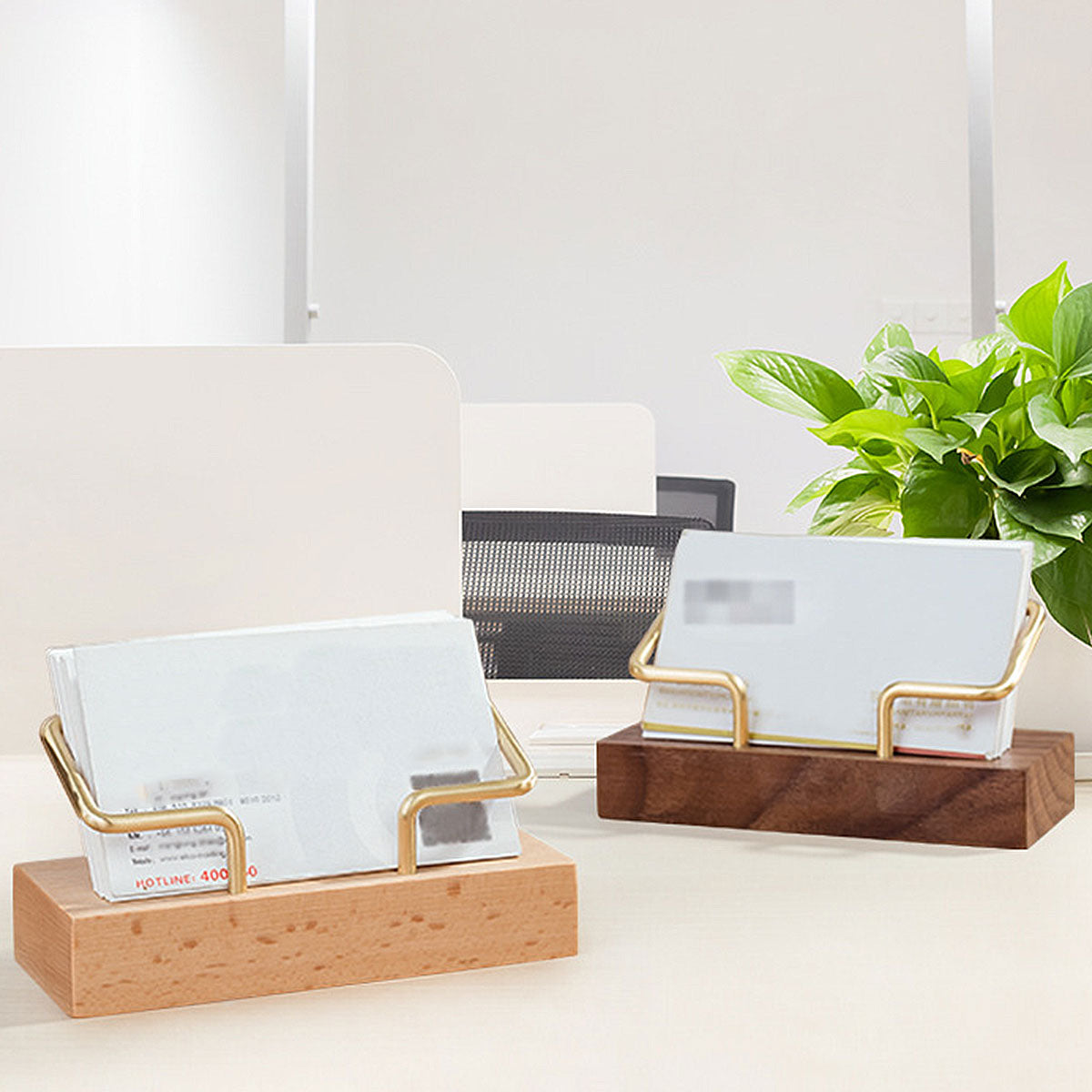 Wood Business Card Holder with Metal Frame Desk Organizer