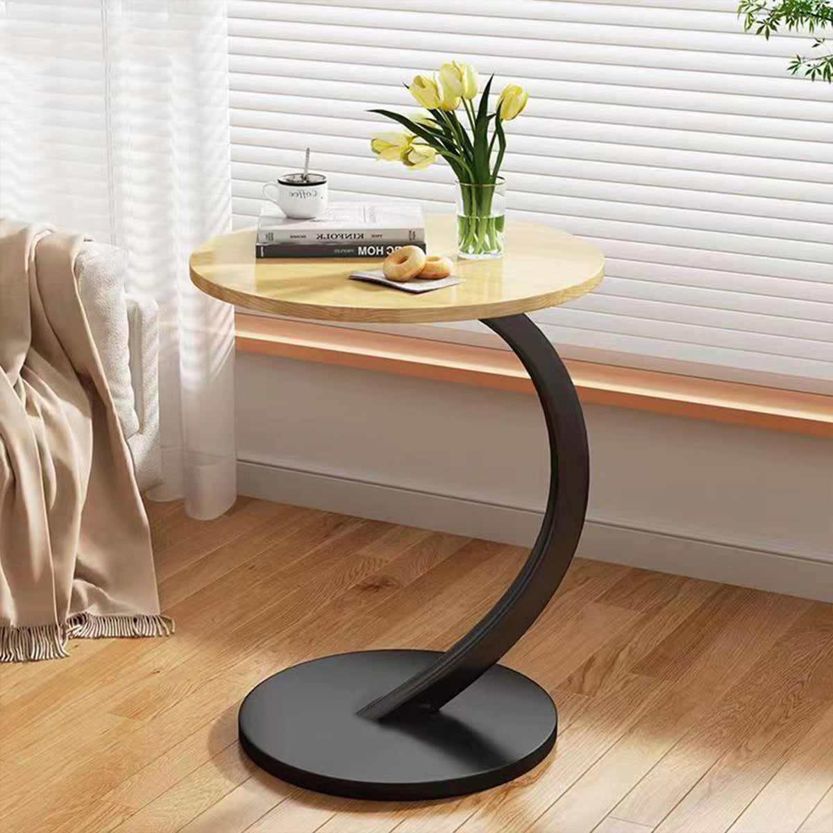 C-Shaped Side Table with Metal Frame for Sofa