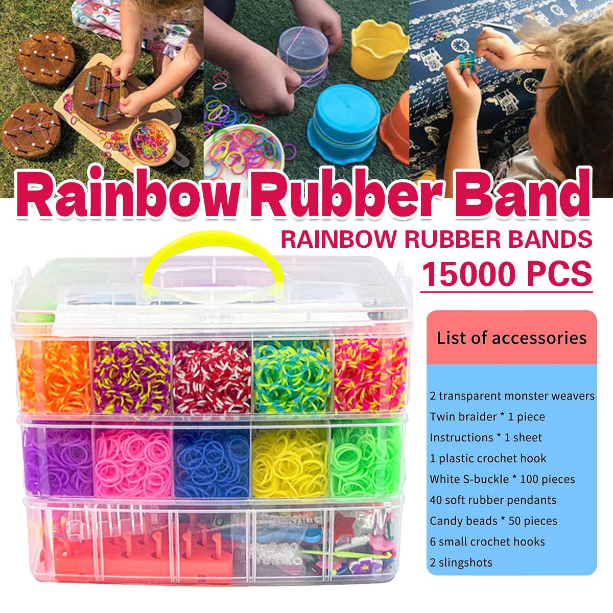15000 Pcs Rainbow Rubber Bands with Storage Case