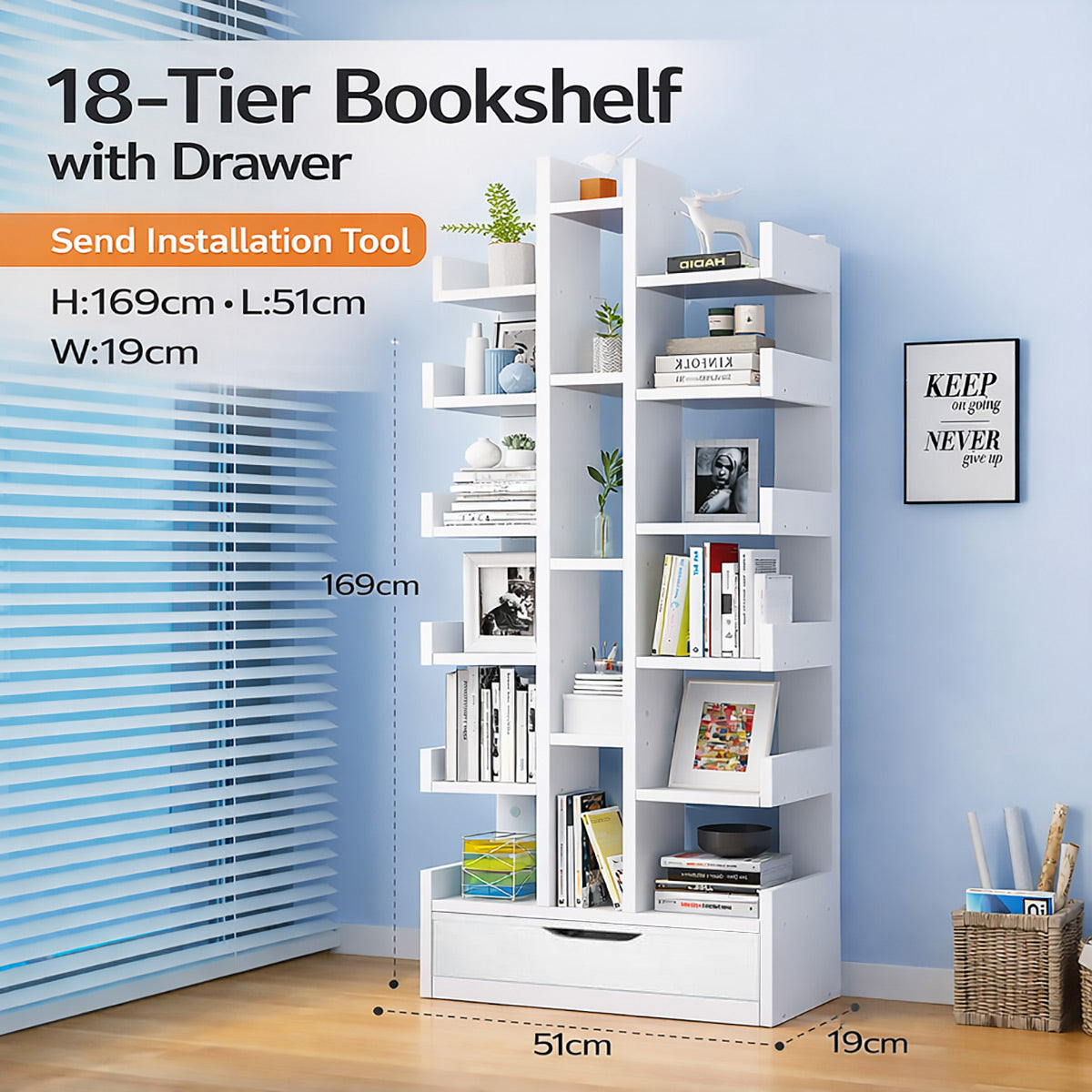 18-Tier Bookcase Shelf with Drawer Space Saving