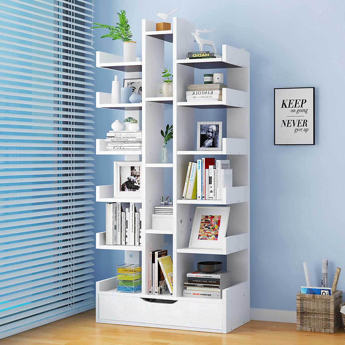 18-Tier Bookcase Shelf with Drawer Space Saving