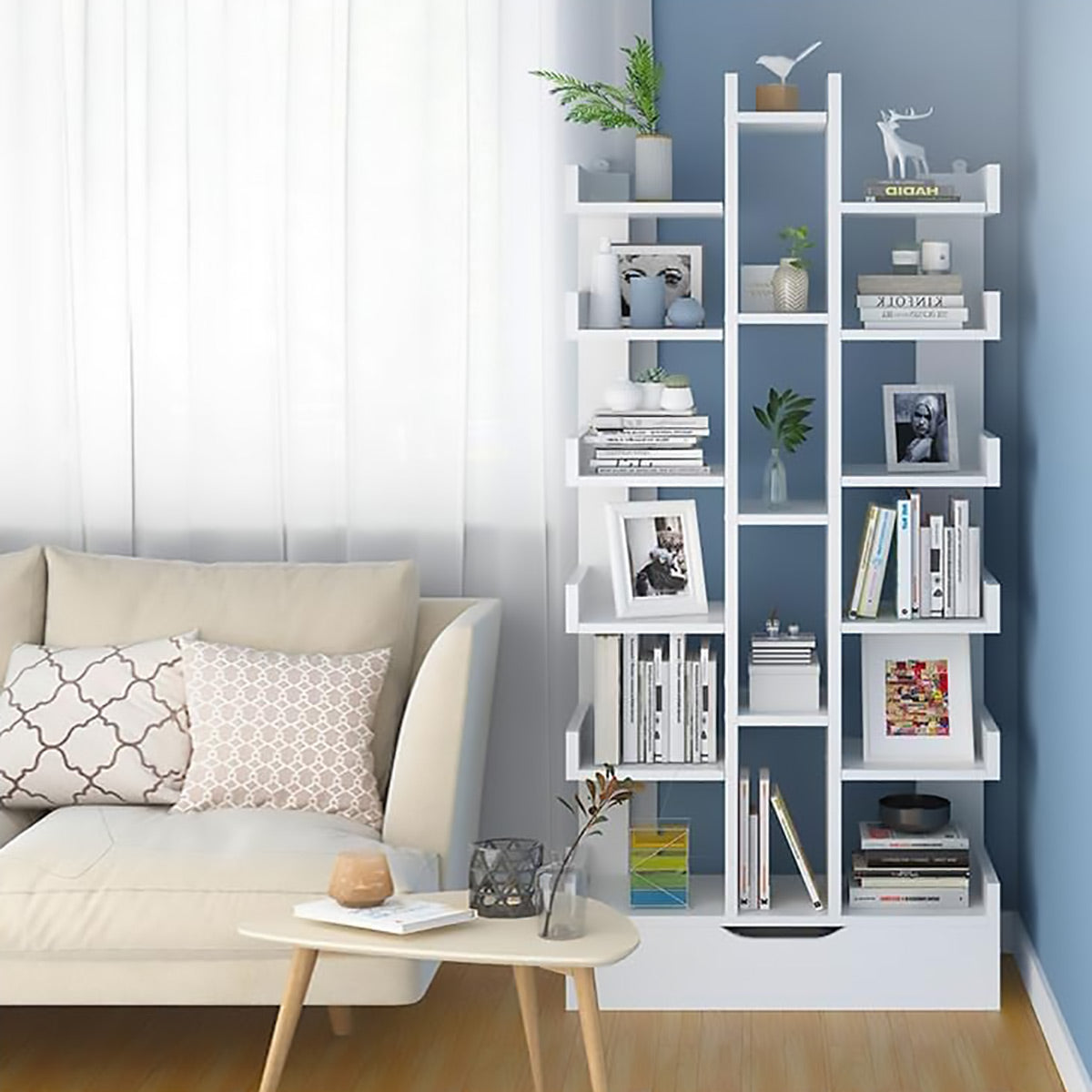 18-Tier Bookcase Shelf with Drawer Space Saving