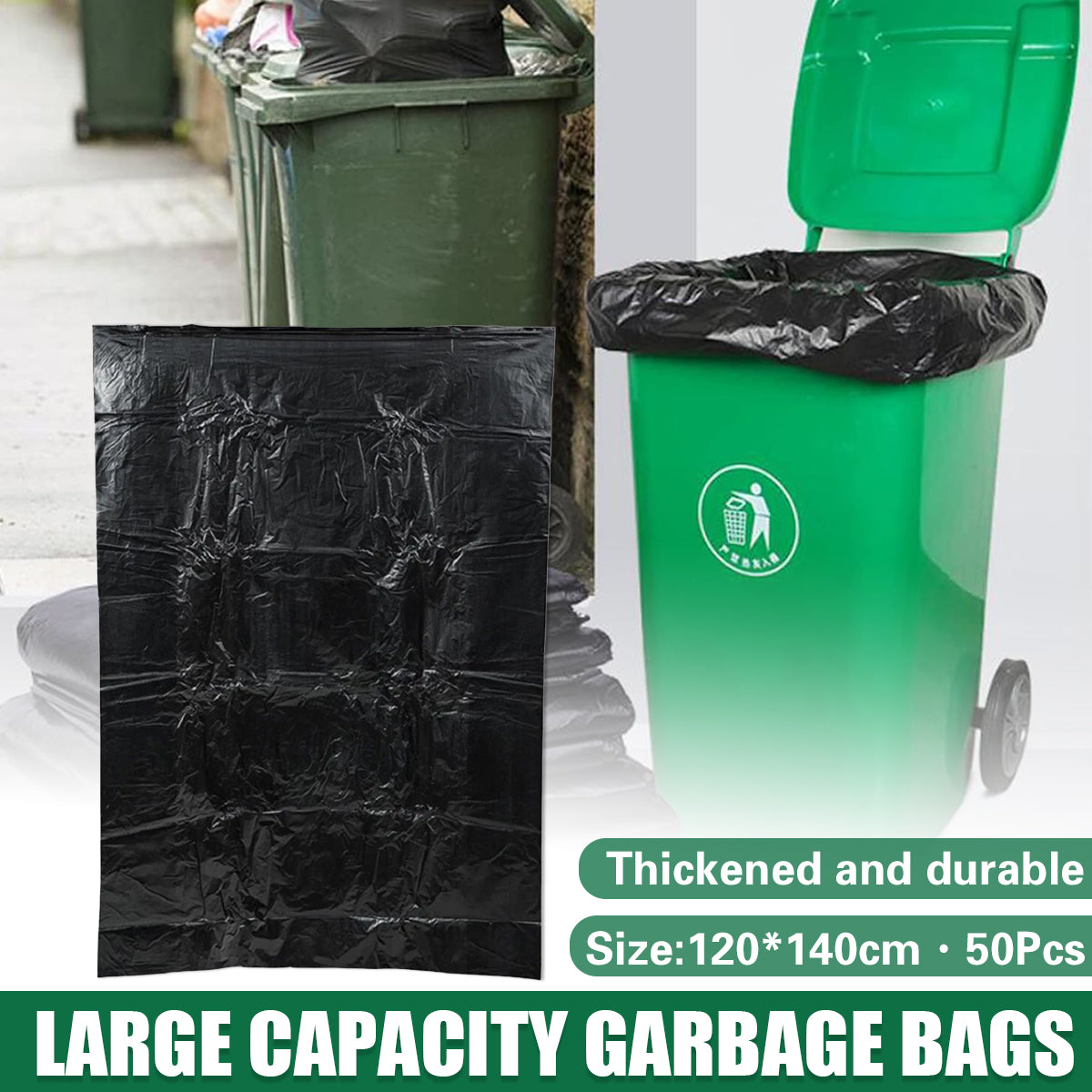 50pcs Heavy Duty Large Trash Bags 140x120cm Black
