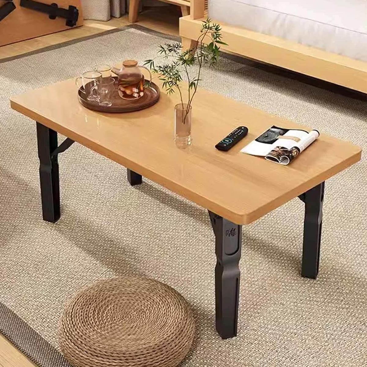 Foldable Small Square Table with Light Wood Top and Metal Legs