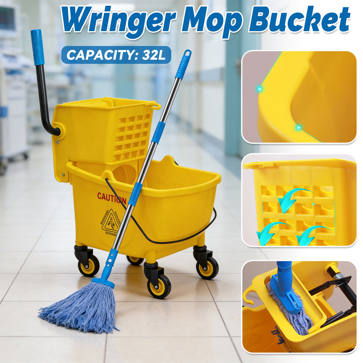 32L Wringer Mop Bucket with Rolling Wheels and Mop