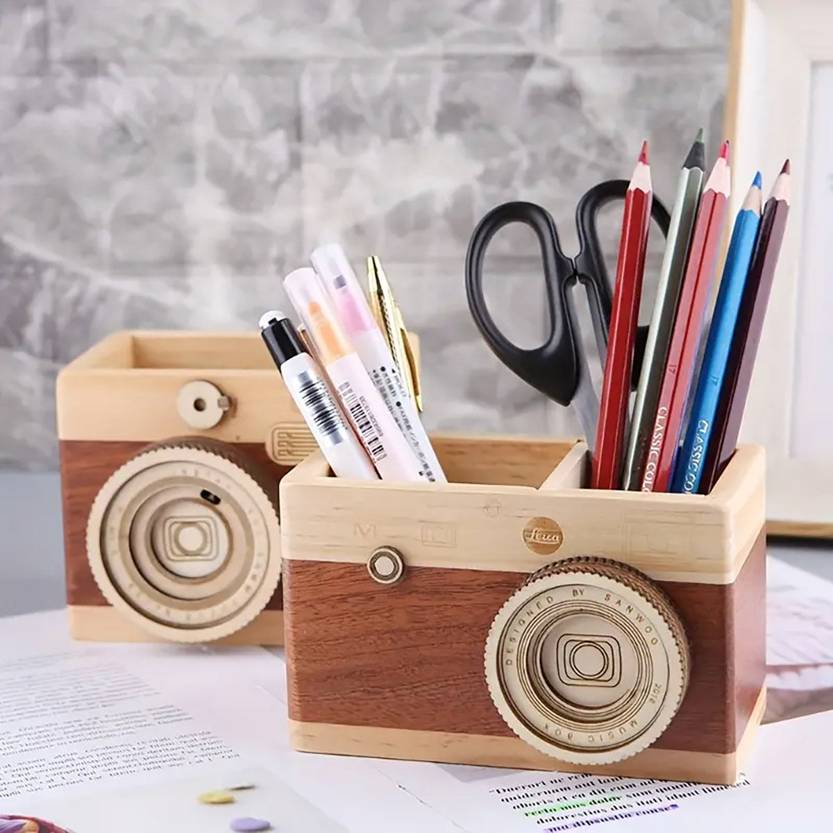 Wooden Camera Pen Holder Handmade Retro Desk Organiser