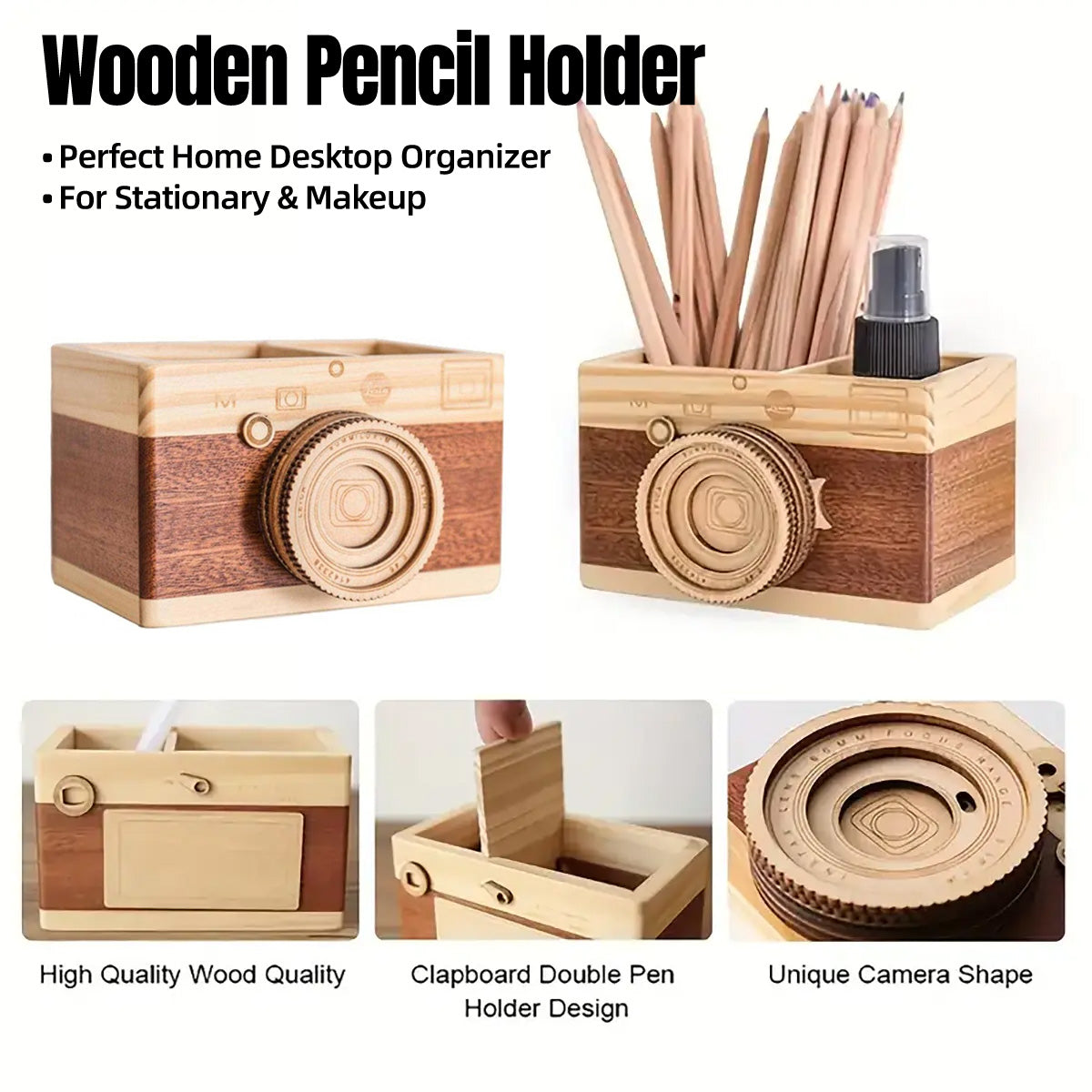 Wooden Camera Pen Holder Handmade Retro Desk Organiser
