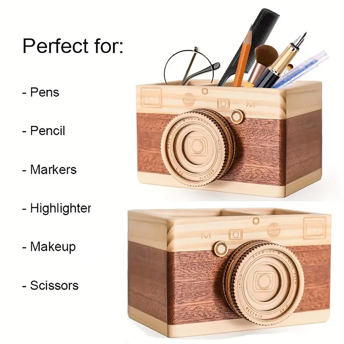 Wooden Camera Pen Holder Handmade Retro Desk Organiser