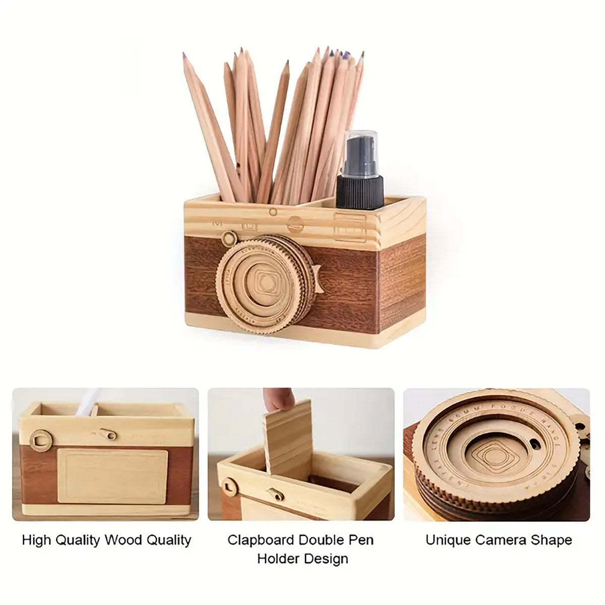 Wooden Camera Pen Holder Handmade Retro Desk Organiser