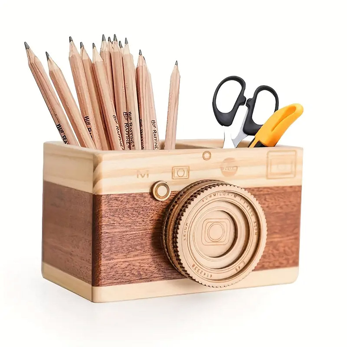Wooden Camera Pen Holder Handmade Retro Desk Organiser