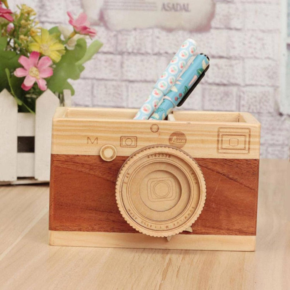 Wooden Camera Pen Holder Handmade Retro Desk Organiser