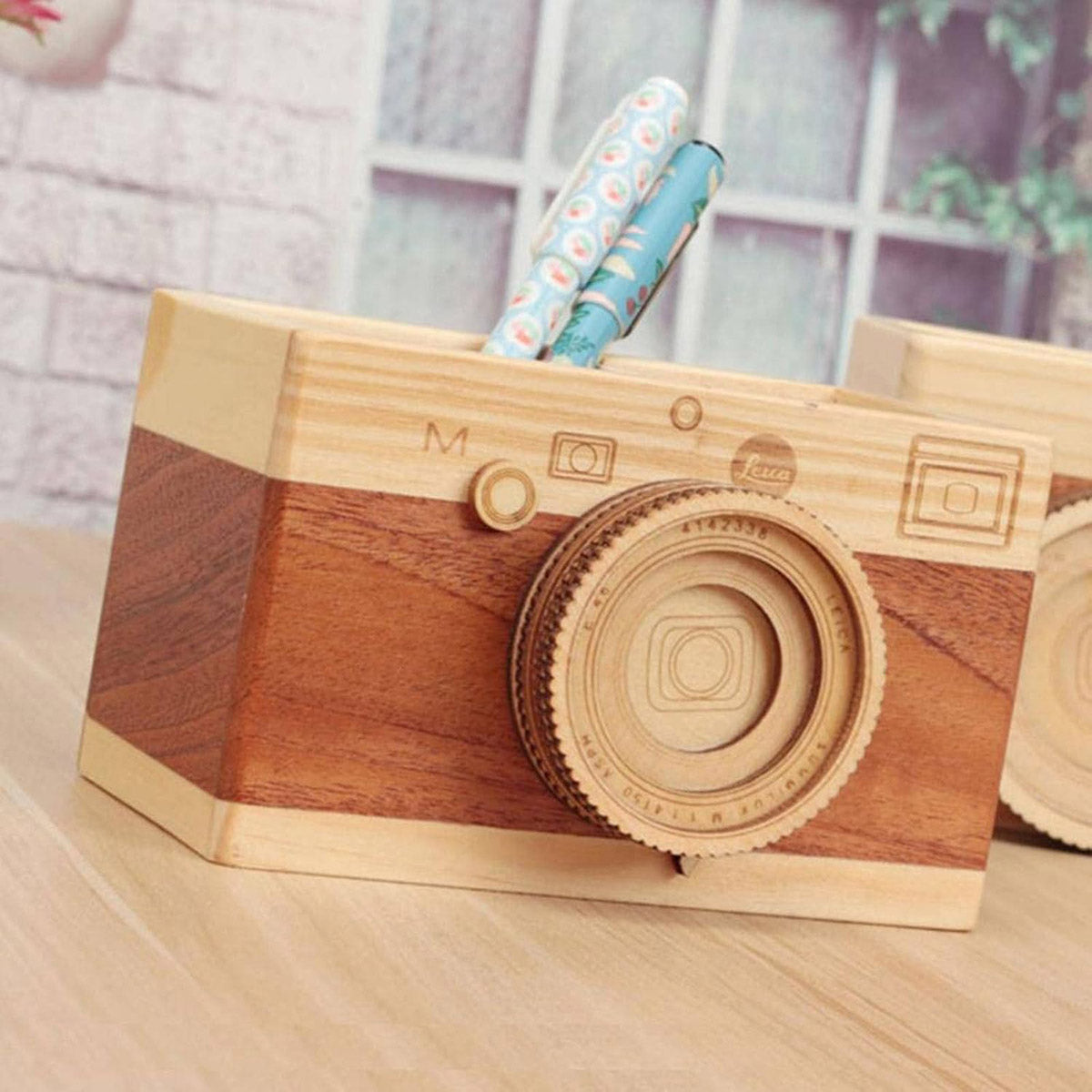 Wooden Camera Pen Holder Handmade Retro Desk Organiser