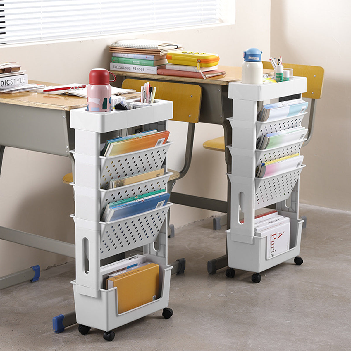 5 Tier Rolling Bookshelf Rack Movable Storage Organizer