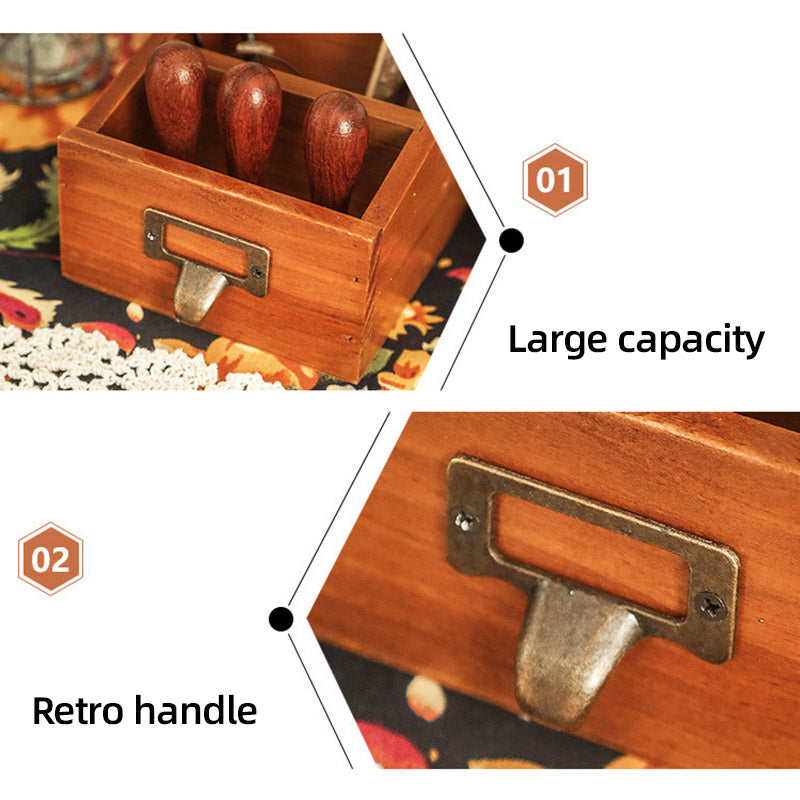 Solid Wood Desktop Organiser Multi-Compartment Retro Handle