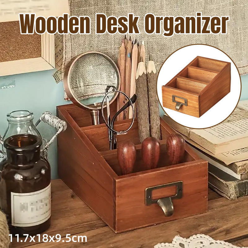 Solid Wood Desktop Organiser Multi-Compartment Retro Handle