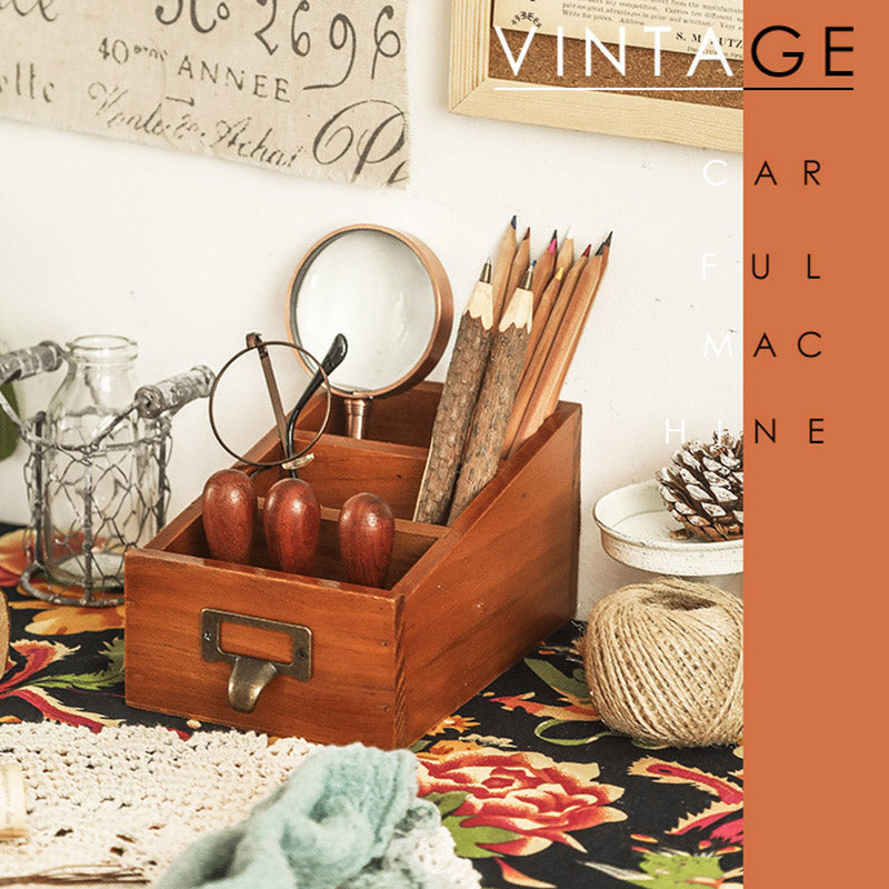 Solid Wood Desktop Organiser Multi-Compartment Retro Handle