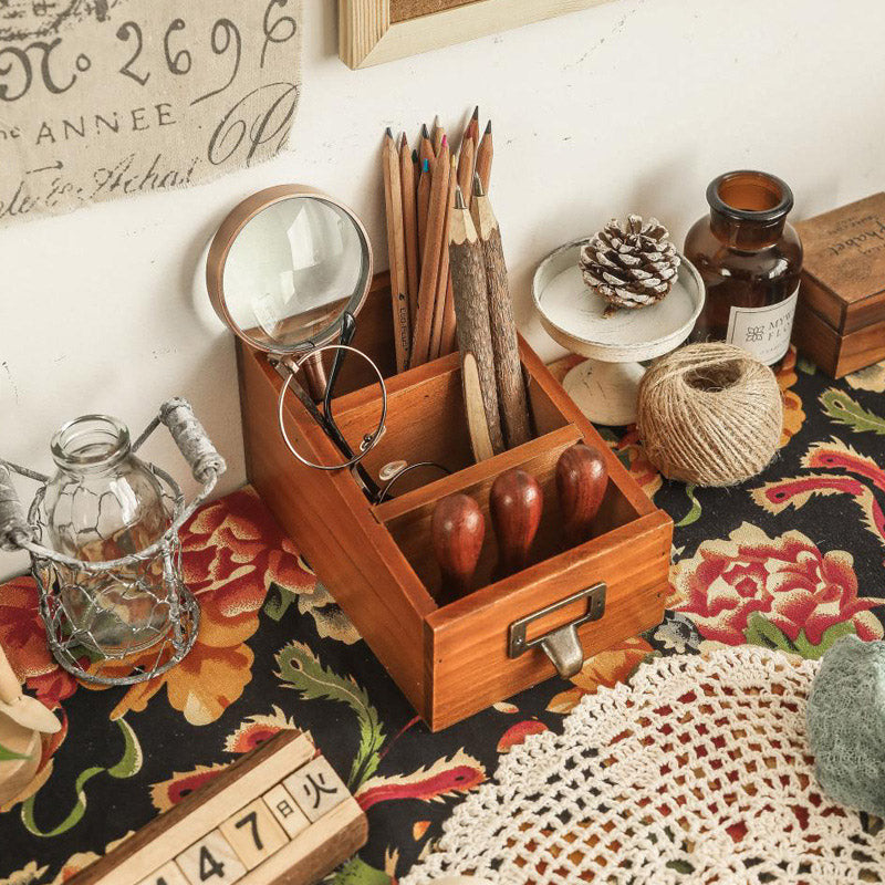 Solid Wood Desktop Organiser Multi-Compartment Retro Handle