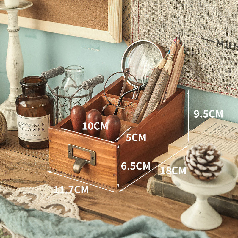 Solid Wood Desktop Organiser Multi-Compartment Retro Handle