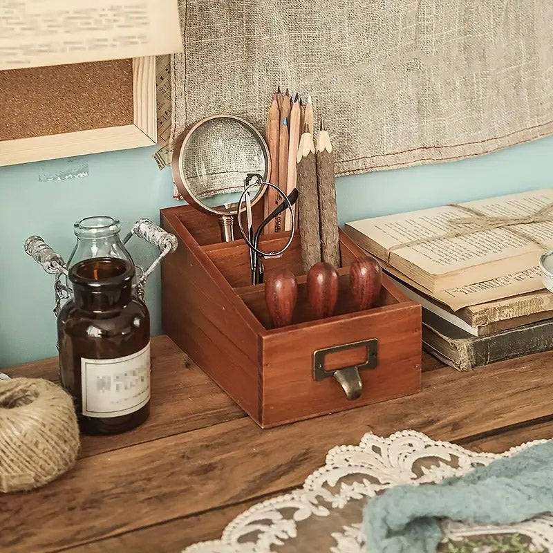 Solid Wood Desktop Organiser Multi-Compartment Retro Handle
