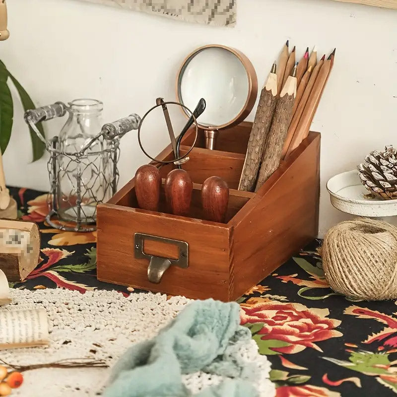 Solid Wood Desktop Organiser Multi-Compartment Retro Handle