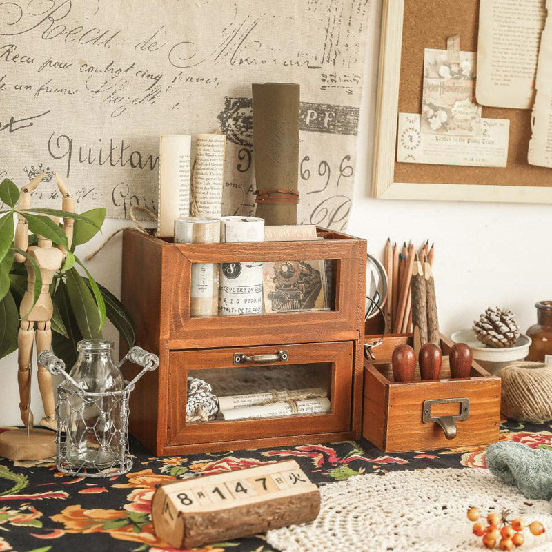 Solid Wood Desktop Organiser Multi-Compartment Retro Handle