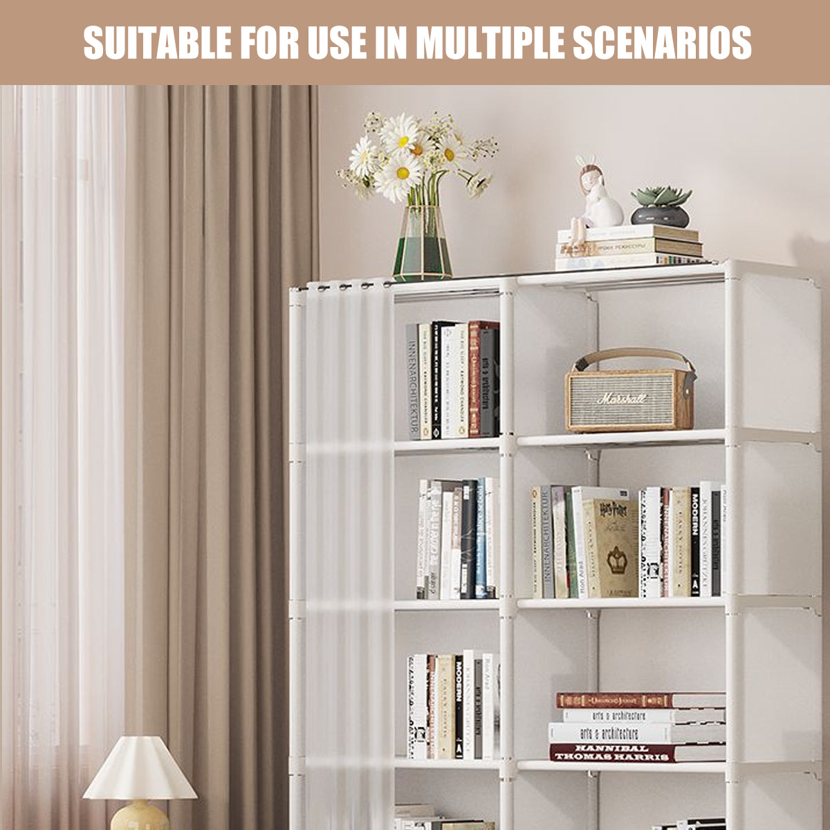 Versatile Bookshelf Storage Rack with Dust Proof Curtain