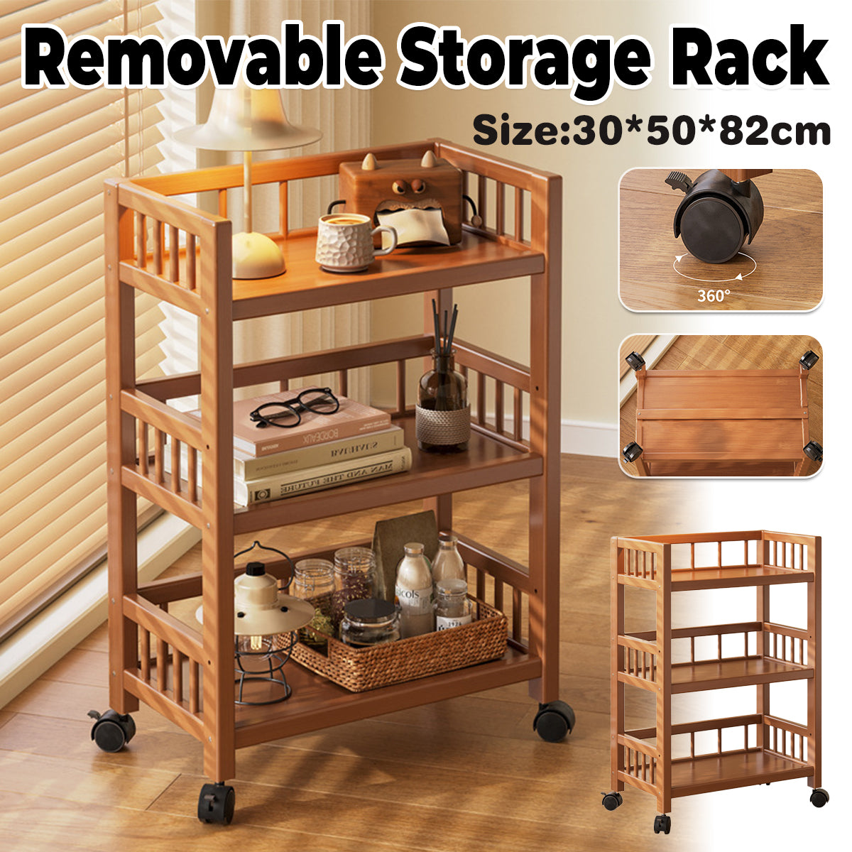 3 Tier Bamboo Movable Storage Rack with Wheels