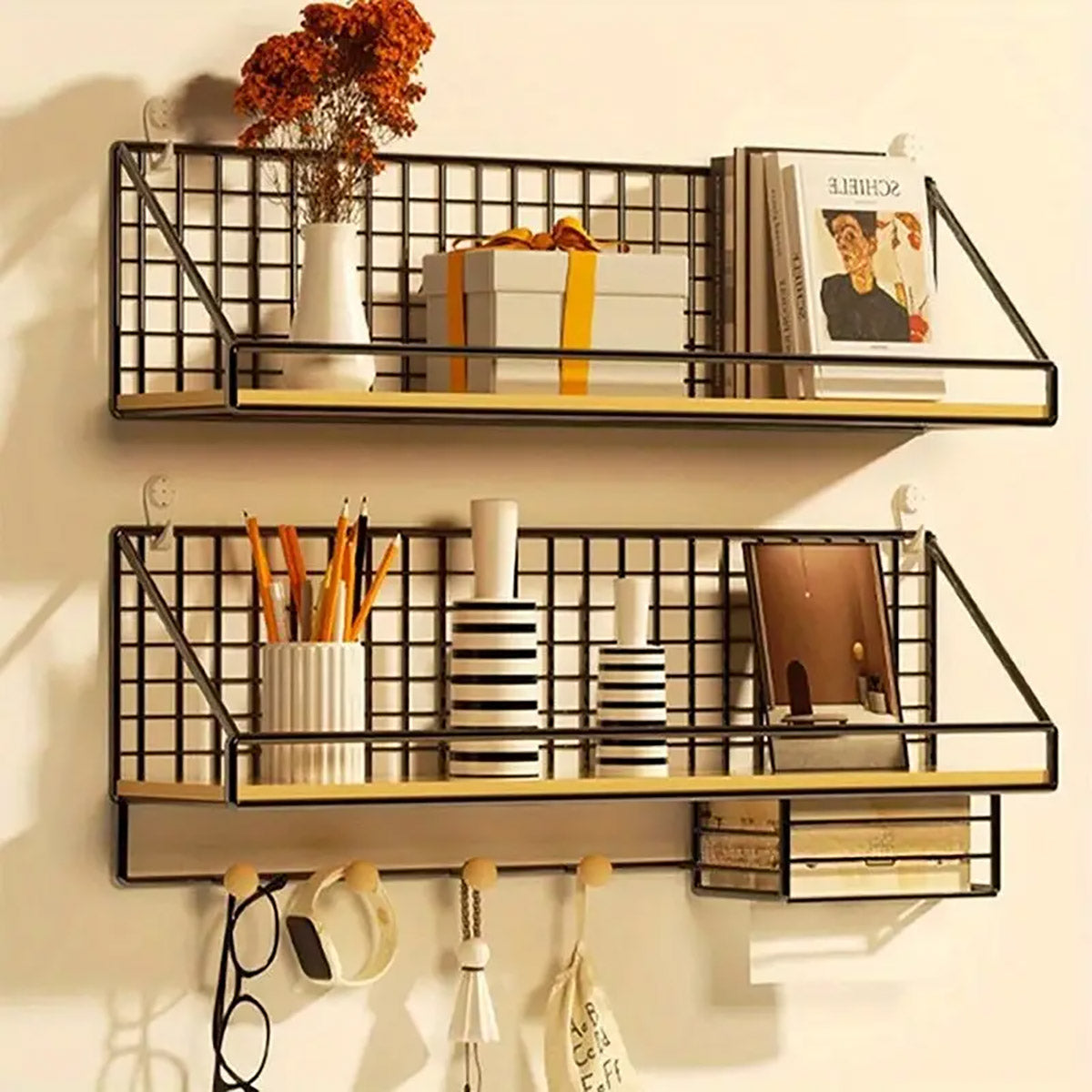 Wall Mounted Iron Storage Rack with Hooks and Tissue Holder