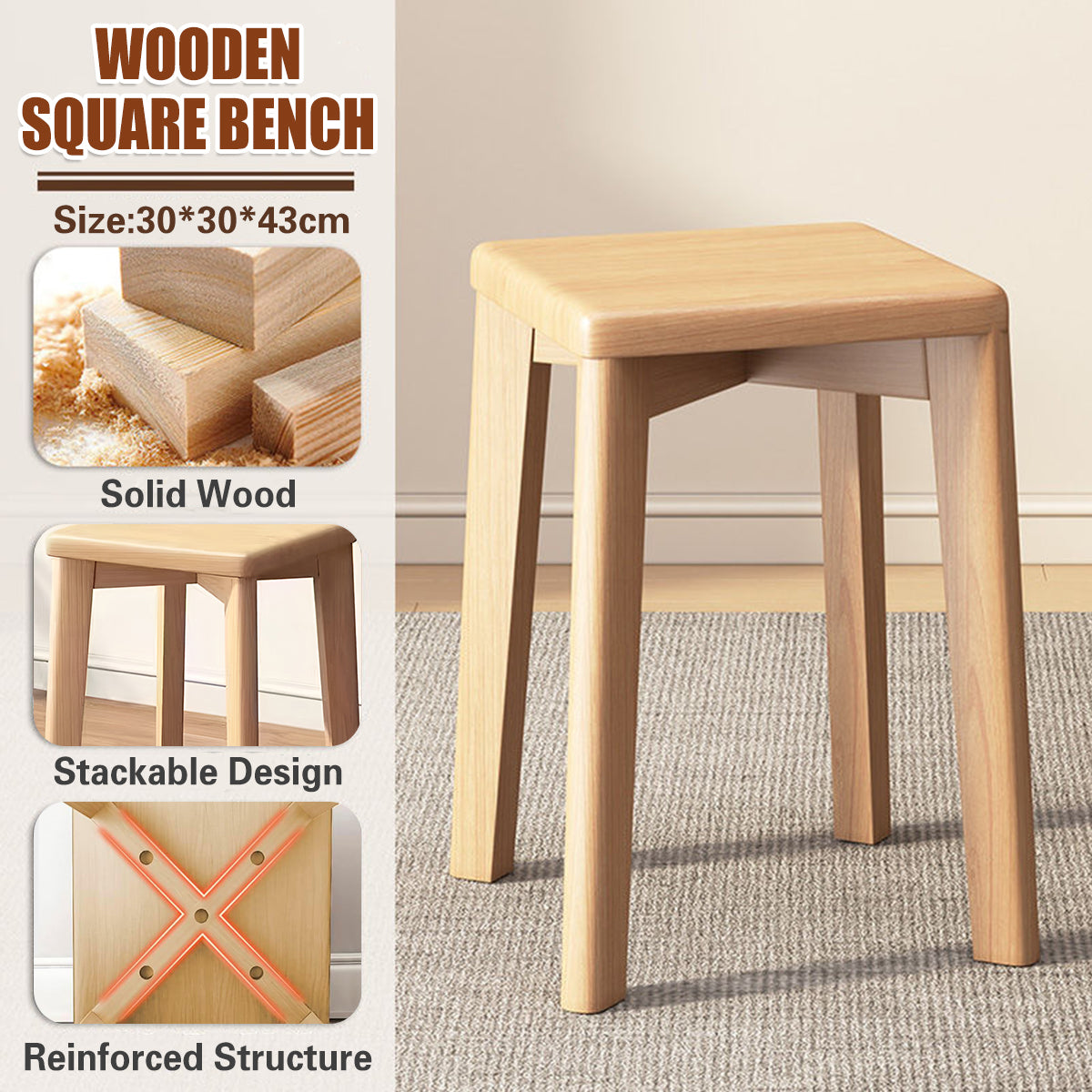 Solid Wood Square Stool for Dining Makeup Home