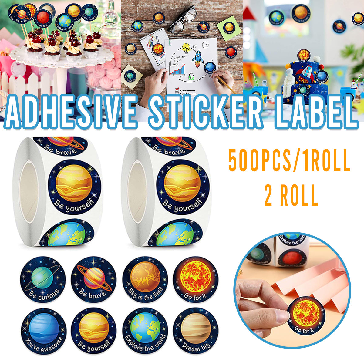 2 Rolls Kids Decorative Sticker Labels Space Planet Designs