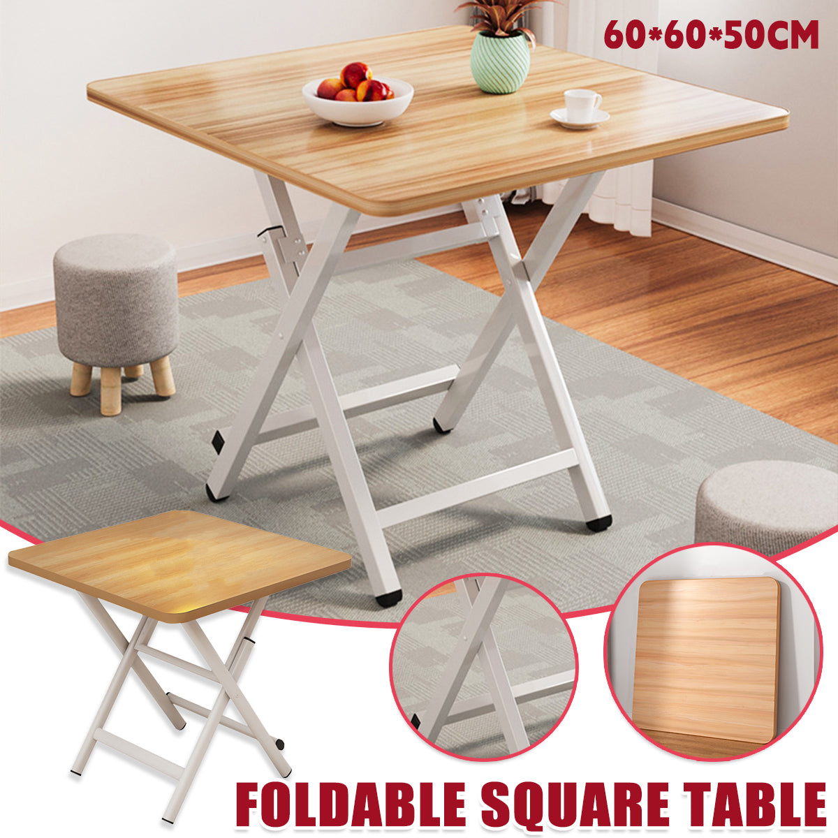 60cm Wooden Folding Square Table for Home and Workspace