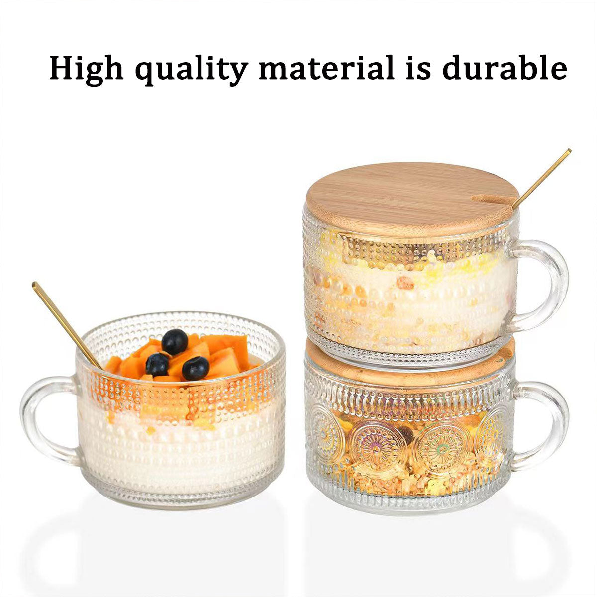 4pcs Embossed Glass Coffee Cups 14oz with Lids