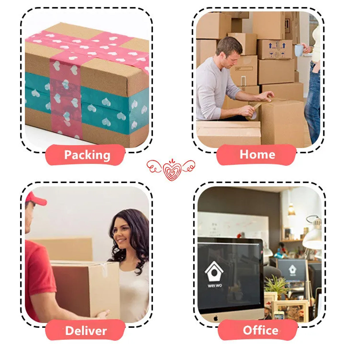 5 Rolls Cute Heart Design Packing Tape Adhesive Set Pink & Blue