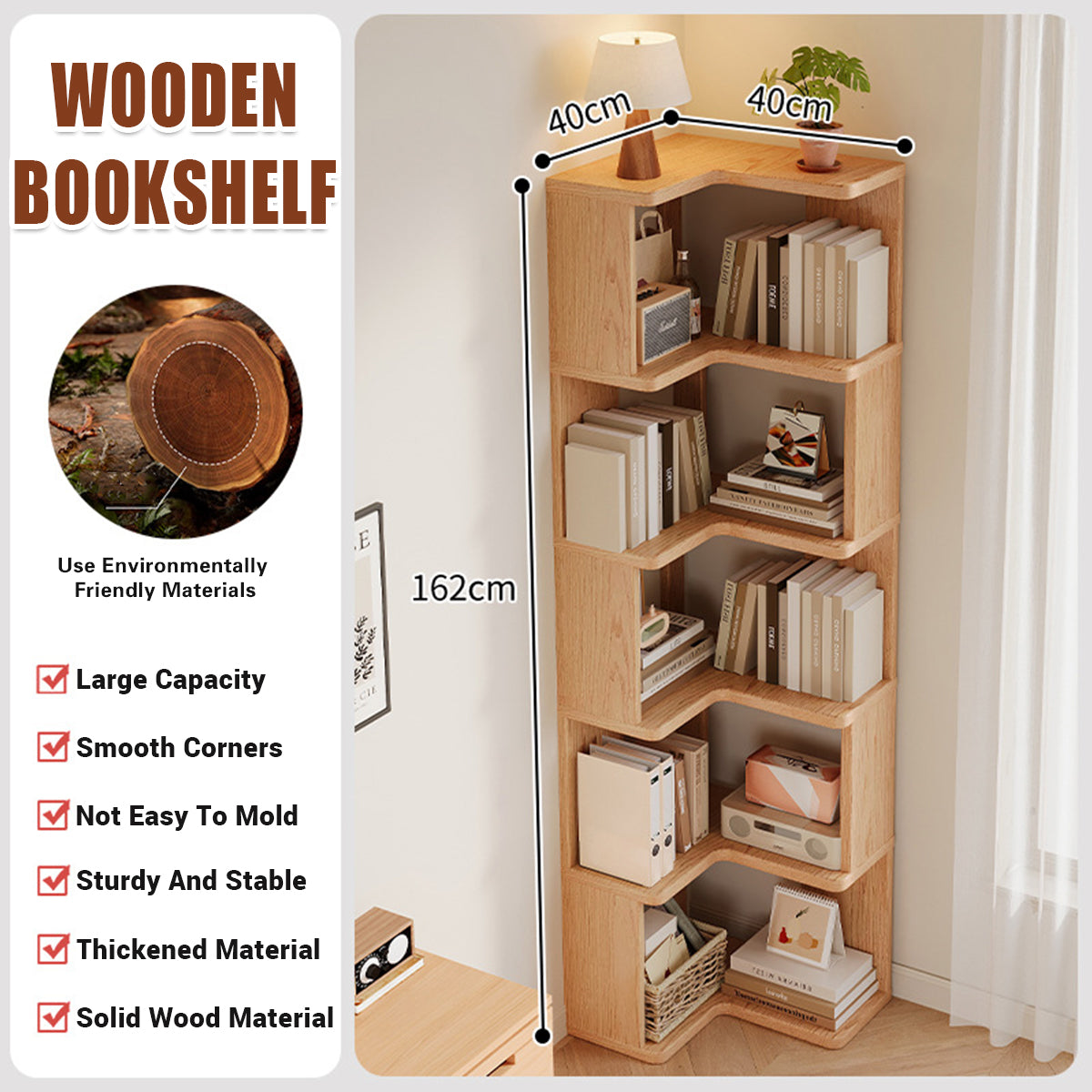 Solid Wood Corner Bookshelf Space Saving Floor Storage