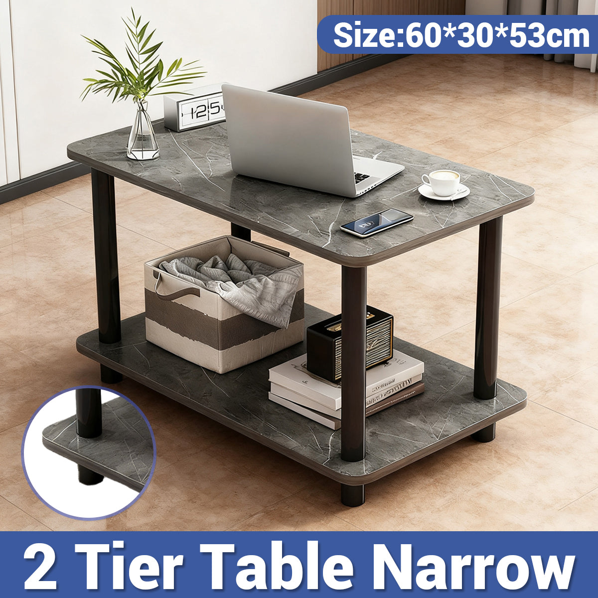 2-Tier Narrow Side Table with Storage Shelf and Space-Saving Design