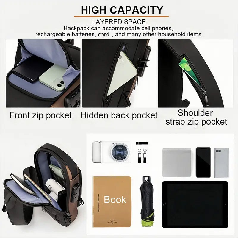 Password Lock Crossbody Sling Bag USB Waterproof