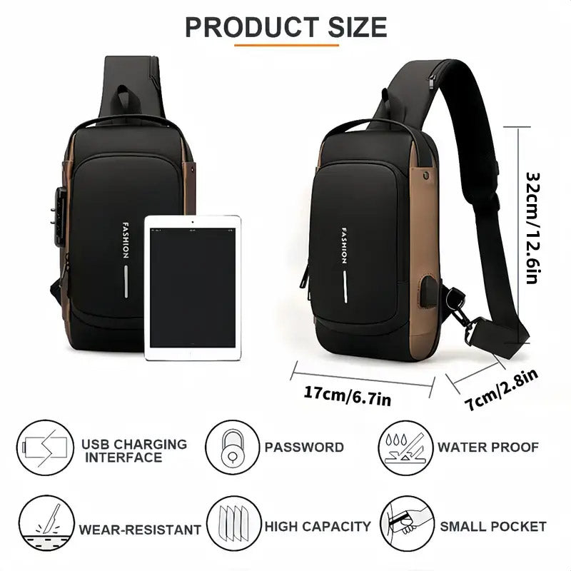 Password Lock Crossbody Sling Bag USB Waterproof