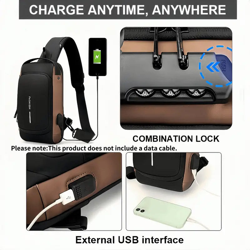 Password Lock Crossbody Sling Bag USB Waterproof