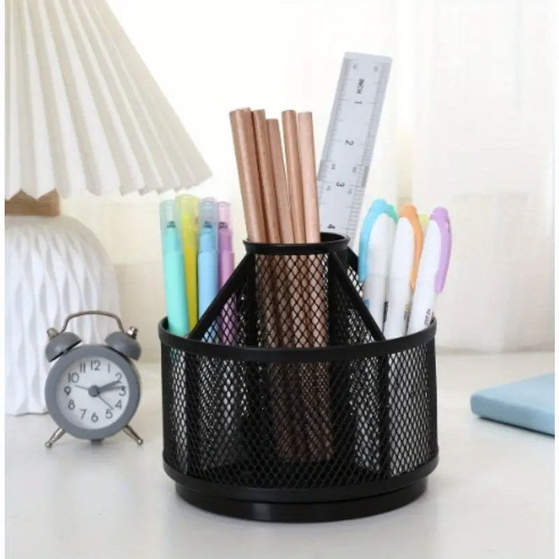 Rotating Pen Holder Desk Organiser Metal Black Multi-Compartment