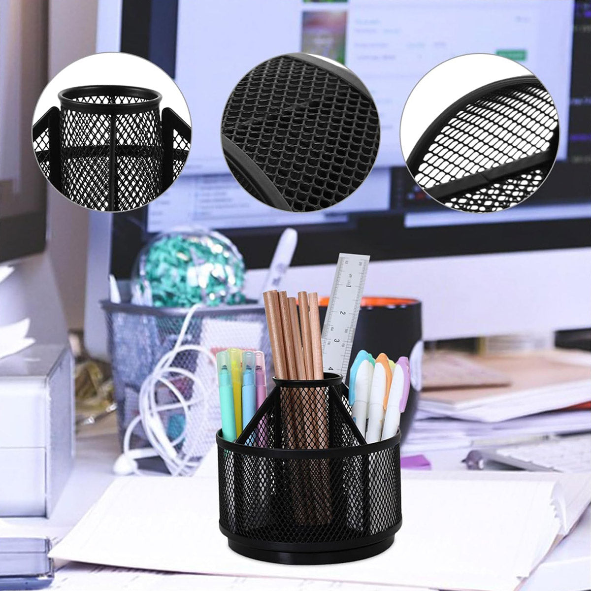 Rotating Pen Holder Desk Organiser Metal Black Multi-Compartment