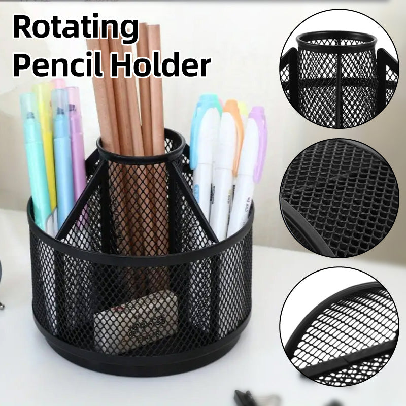 Rotating Pen Holder Desk Organiser Metal Black Multi-Compartment