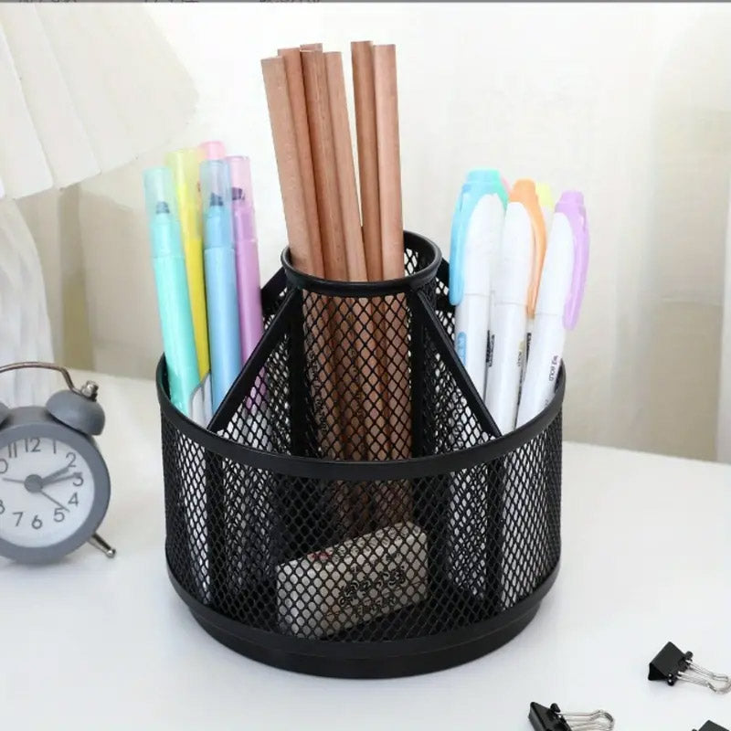 Rotating Pen Holder Desk Organiser Metal Black Multi-Compartment