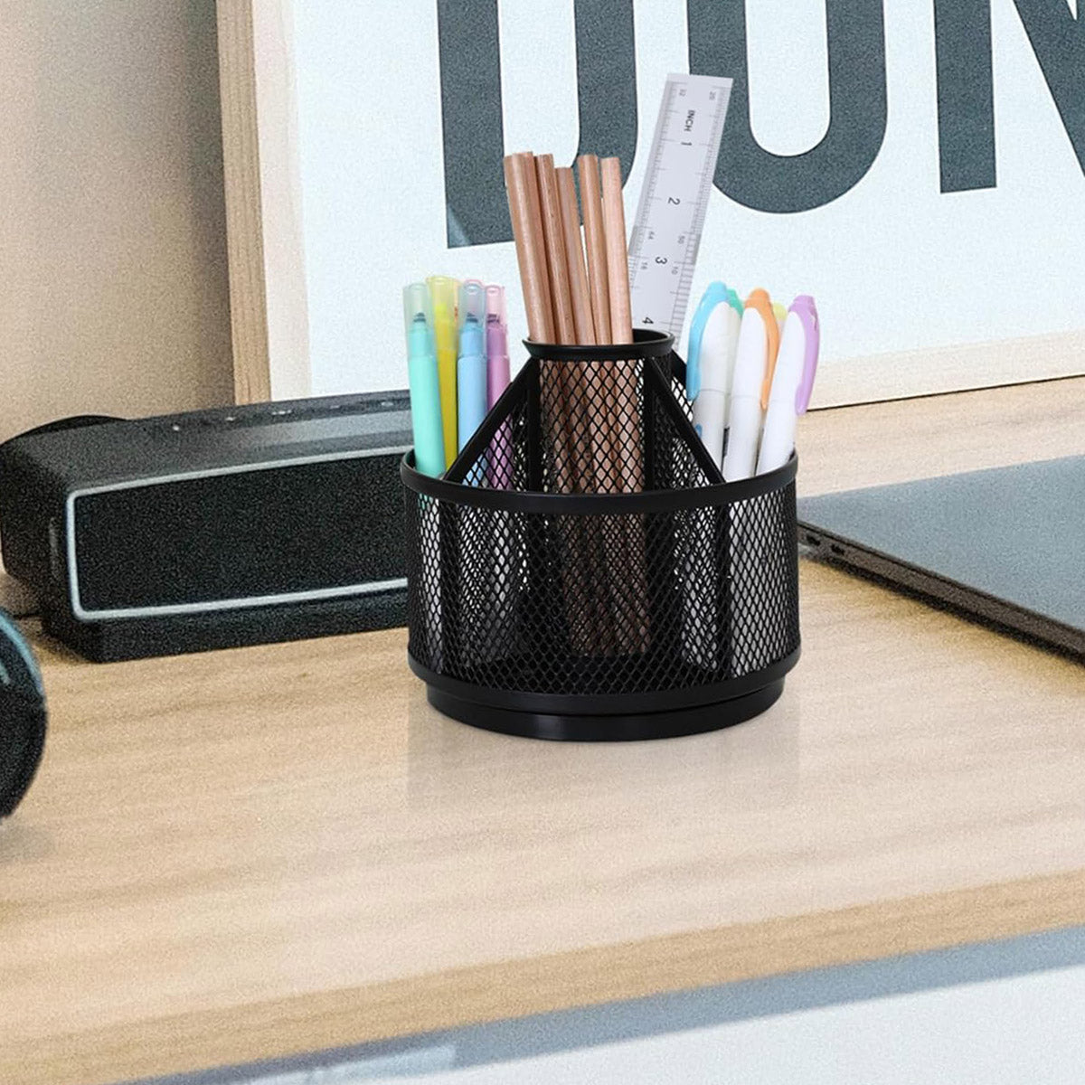 Rotating Pen Holder Desk Organiser Metal Black Multi-Compartment