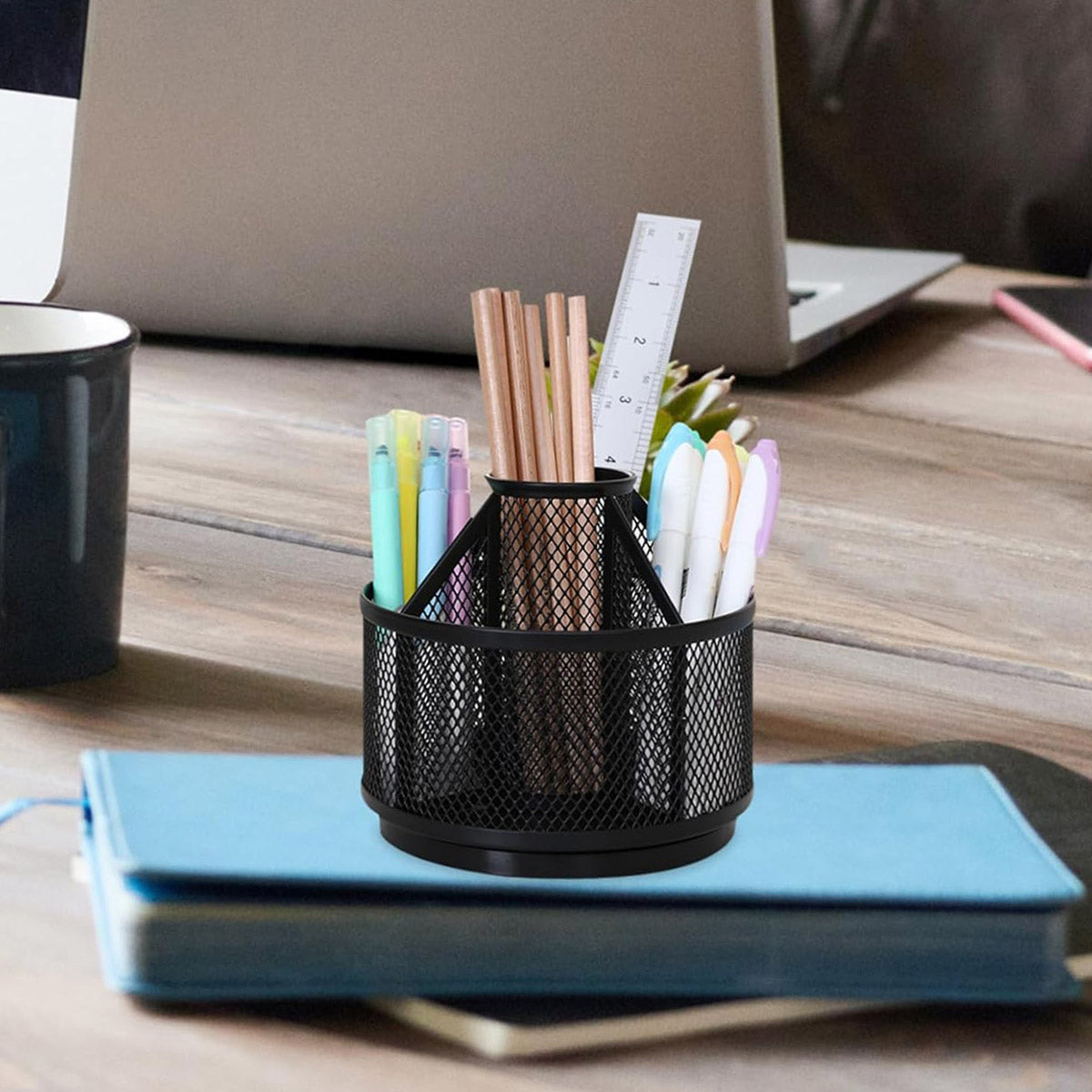 Rotating Pen Holder Desk Organiser Metal Black Multi-Compartment