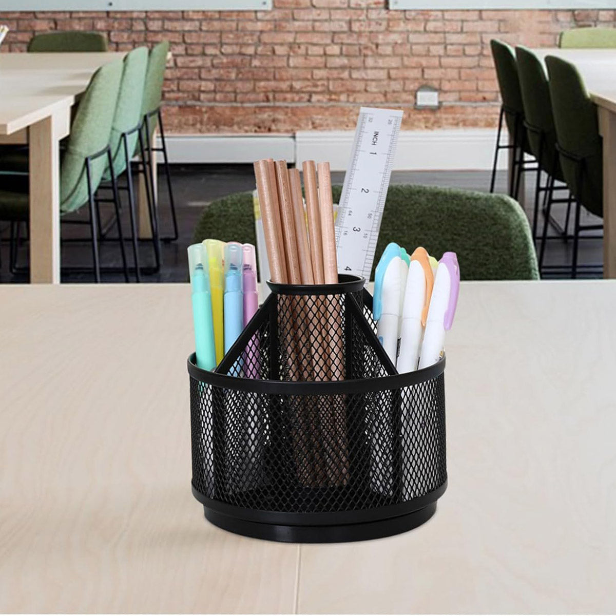 Rotating Pen Holder Desk Organiser Metal Black Multi-Compartment